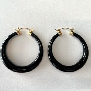 Anthropologie Resin Hoop Earrings, Black with gold tone hardware, 4 1/2” D
